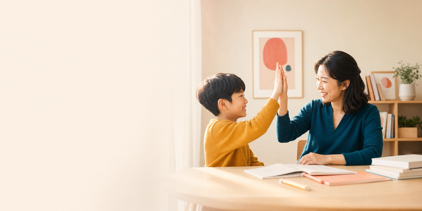 孩子完成学习任务后与妈妈击掌